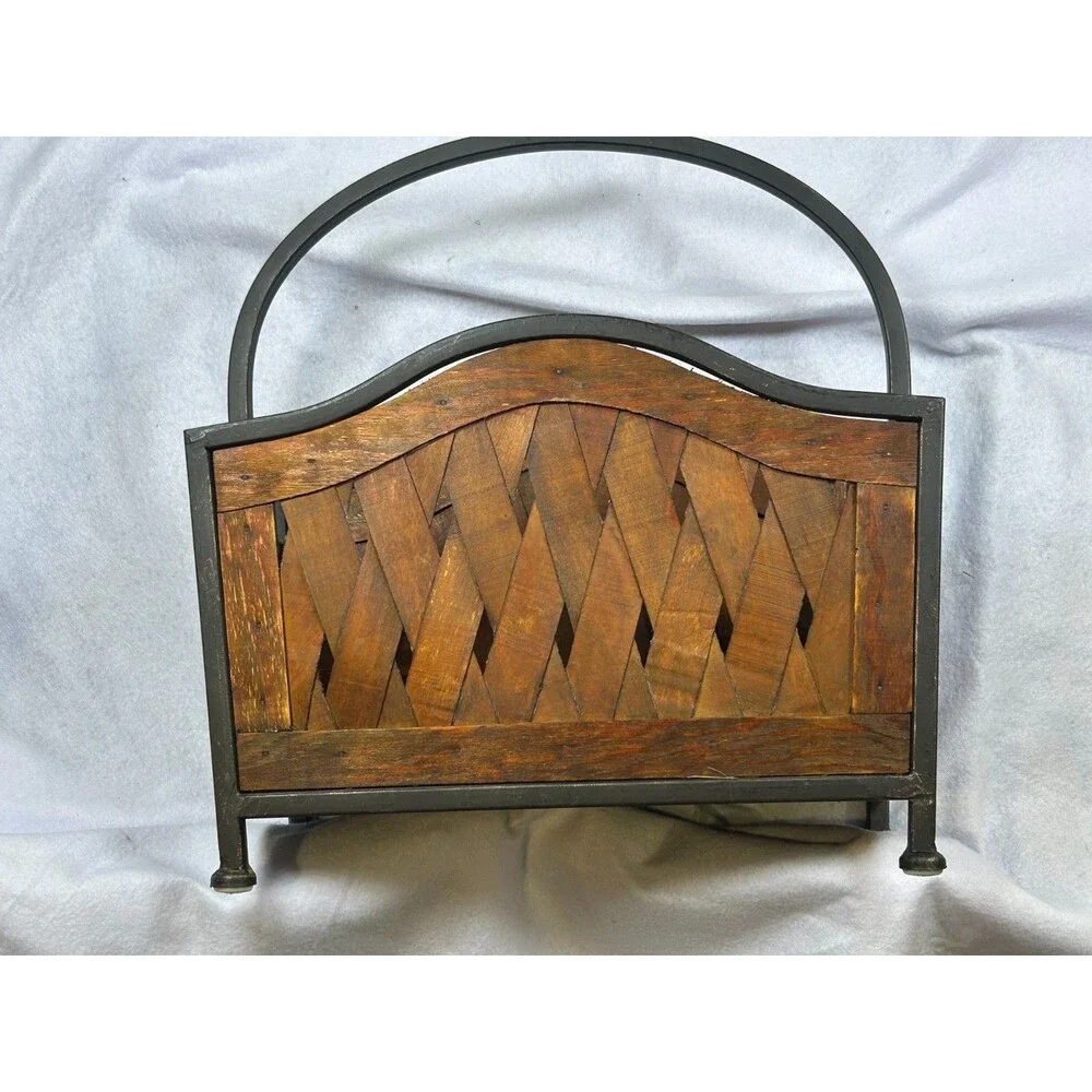 Rustic Wood & Metal Magazine Rack Holder Basket Woven Slat Farmhouse Organizer